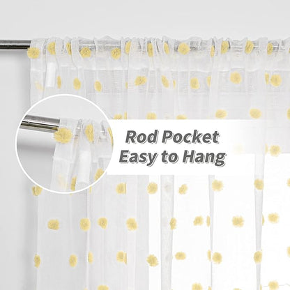 MYSKY HOME 95 Inch Length Long Pom Pom Curtains for Bedroom, Living Room & Sliding Doors - Yellow Sheer, Mustard Backdrop - 52 x 95 in, 2 Panels