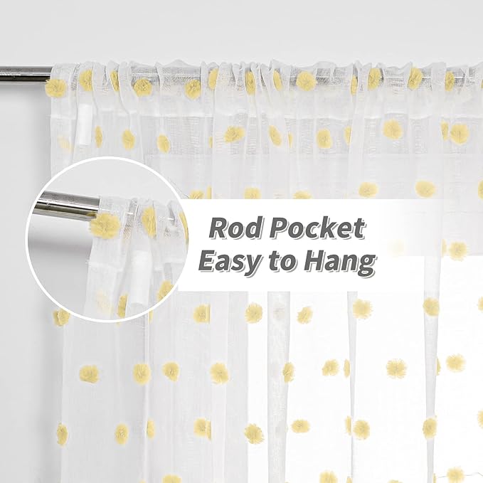 MYSKY HOME Yellow Pom Pom Curtains - 108 Inch Long Large Sheer Mustard Curtains for Living Room - Sliding Door Light Filtering Rod Pocket Window Panels - 52 x 108 inch - 2 Pieces
