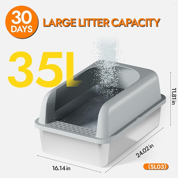 Stainless Steel Cat Litter Box with Lid, 24" L x 16" W x 11.8" H, Large Cat Litter Box for Multiple Cats with High Sided, No-Leak & Stick, Easy to Clean, Includes Litter Mat & Multi Functional Scoop-Mewly Pet