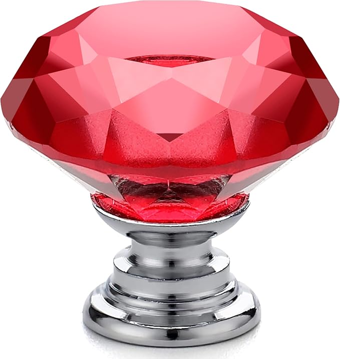 Ravinte 10 Pack Red Crystal Knobs for Dresser Drawers - 30 mm Glass Cabinet Diamond Shaped Knobs With Silver Base