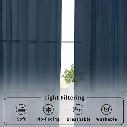 Aiyufneg Small Sheer Tier Curtains Half Kitchen Curtain Sheers, Light Filtering Farmhouse 24 Inch Window Panels Rod Pocket Navy Blue Voile Short Curtain for Bathroom, 40W x 24L, Set of 2 Panels