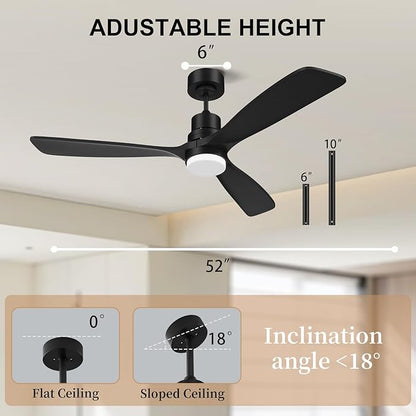 Obabala 52inch Ceiling Fan with Light and Remote Control Outdoor Ceiling Fan with 3 Blades Wood Reversible DC Motor for Patio, Porch, Bedroom, Living Room (Black)
