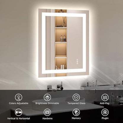 24X30 LED Bathroom Mirror with Lights, Anti-Fog, Dimmable, Backlit + Front Lit, Smart Bathroom Vanity Mirror, Memory Function, Shatterproof, Tempered Glass (Horizontal/Vertical)