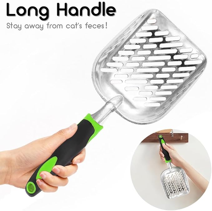 Cat Litter Scoop-Metal Cat Scooper-Long Handle Scoop,Cat Scooper-Poop Sifting-Mesh Shovel-Suitable for Cat Litter Box(Green)-Mewly Pet