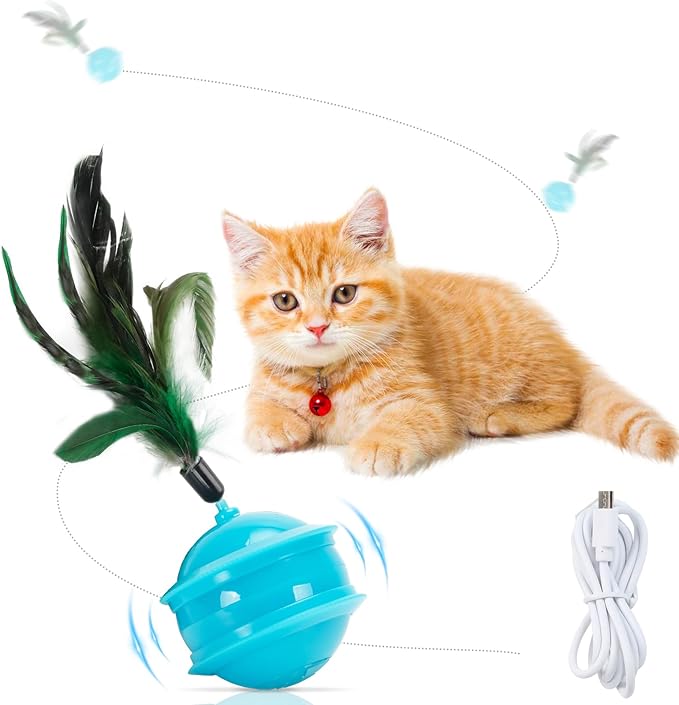 Cat Feather Toy Ball Automatic Moving Interactive Cat Toys for Indoor Cats, Self Rolling Electric Smart Tumbler Ball with Colorful Light and Big Feather Chasing Game (Blue)-Mewly Pet
