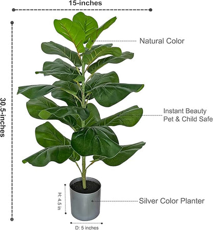 BESAMENATURE 30.5" Little Artificial Fiddle Leaf Fig Tree/Faux Ficus Lyrata for Home Office Decoration, Ships in Silvery Gray Planter