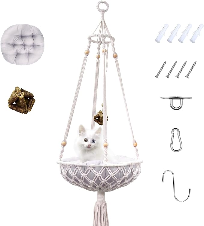 Macrame Hammock, Handwoven Boho Cat Swing with Hanging Kit for Indoor Outdoor Home Decor Hang on Wall Bed for Sleeping, Playing, Climbing and Lounging-Mewly Pet