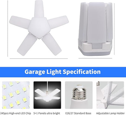LED Garage Lights 2 Pack, The New 100W Deformable LED Shop Lights with 5 Adjustable Panels, E26/E27 LED Ceiling Light, 10000LM 6500K Hight Bay Light for Basement Warehouse Workshop