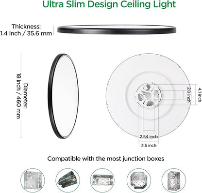 TALOYA 18 Inch Black Flush Mount Led Ceiling Light Fixture for Living Room Dining Room Ultra-Thin Round Surface Mounted Fixture Brightness Dimmable Equivs to 260W Traditional Led Bulb