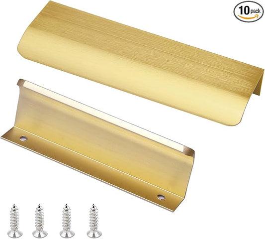 JOOJA 10 Pack Modern Style Finger Edge Pull Furniture DrawerHandles Hidden Cabinet Kitchen Drawer Handles Knobs, Brushed Brass 80(64) mm