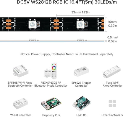 BTF-LIGHTING WS2812B RGB ECO LED Strip, Chasing Effects 5050SMD Individually Addressable 16.4FT 30Pixels/m 150Pixels Flexible Dream Color IP30 for Bedroom DIY Project DC5V(No Adapter or Controller)
