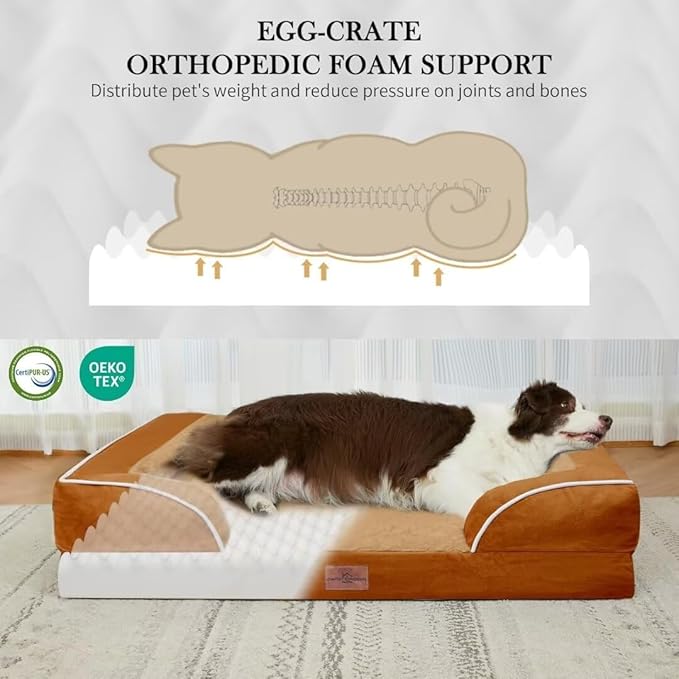 Comfort Expression XL Orthopedic Dog Beds, Waterproof Extra Large Dog Beds with Bolster, Washable Pet Sofa Couch with Removable Cover & Non-Slip Bottom(X-Large,Caramel)-Mewly Pet