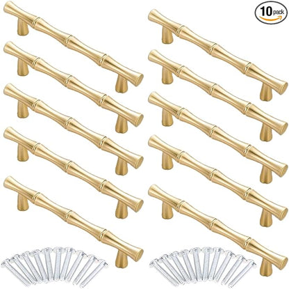 10pcs Cabinet Handles Hole Centers 3-3/4", Bamboo Shape Kitchen Cupboard Dresser Closet Drawer Door Pulls Gold