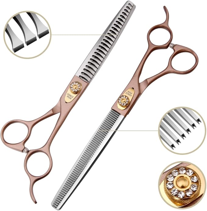 Fenice Peak 8‘’ Professional Dog Grooming Scissors Set Rose Gold 440C Stainless Steel Straight Thinning Curved Chunker Shears 4pcs Set for Pet Grooming Services Dogs and Cats-Mewly Pet