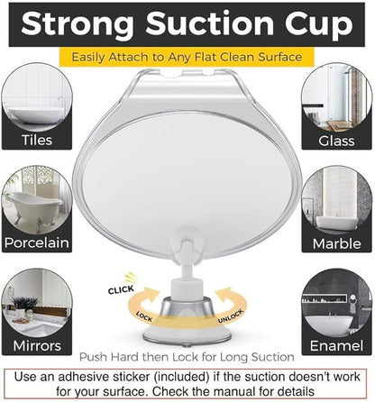 HONEYBULL Fogless Shower Mirror with Suction Mount & Swivel – Anti-Fog Acrylic Bathroom Mirror for Shaving – Built-in Razor Holder, Easy Install, Home Shower Accessory (White)