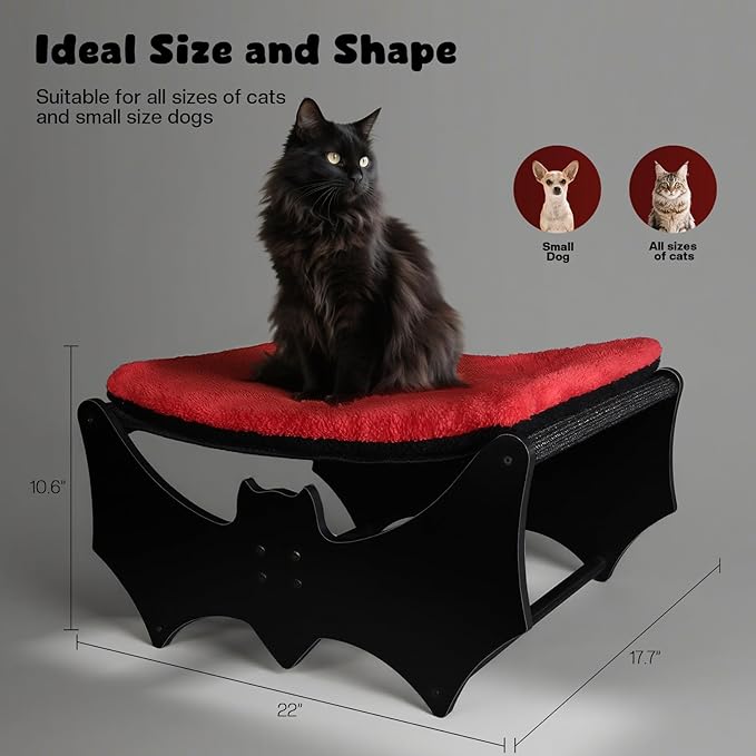 Halloween Gothic Cat Bed with Bat Design, Wooden Elevated Cat Beds with Sisal Scratching Mat, Cats Scratcher Bed with Removable Fluffy Cushion, Raised Pet Bed for Large Cats, 22" L x 17.7" W, Black-Mewly Pet