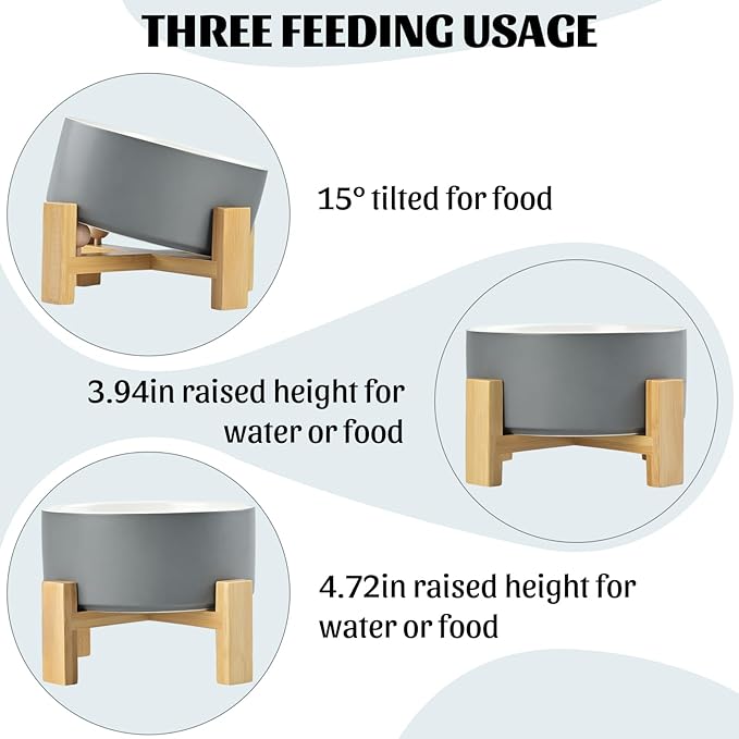 SPUNKYJUNKY 15° Slanted Ceramic Dog and Cat Bowl with Wooden Stand, Tilted Bulldog Food and Water Bowl No Slip Non-Spill for Cats Medium Dogs Big Face Pets 28.7 OZ (3.6 Cups, White-Grey)-Mewly Pet