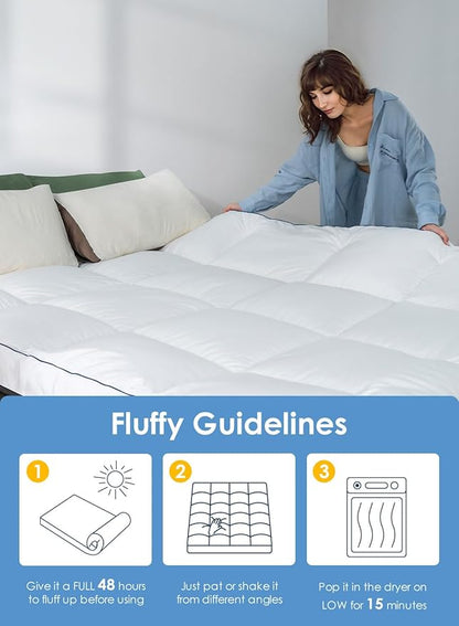 QUEEN ROSE Mattress Topper Queen, Pillow Top Extra Thick Mattress Bed Cover Topper, Soft Baffle Box Overfilled Down Alternative for Back Pain, 4 Corner Straps, White
