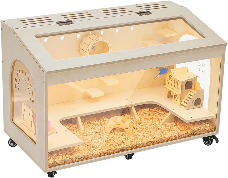 Hamster Cage Large 32 inch Guinea Pig Cages Hamster Cages Enclosure and Habitats Mice Rat Cage with Platform Openable Top Acrylic Sheets Wooden Chewproof Small Animal Cage for Hedgehog Mouse Gerbil-Mewly Pet