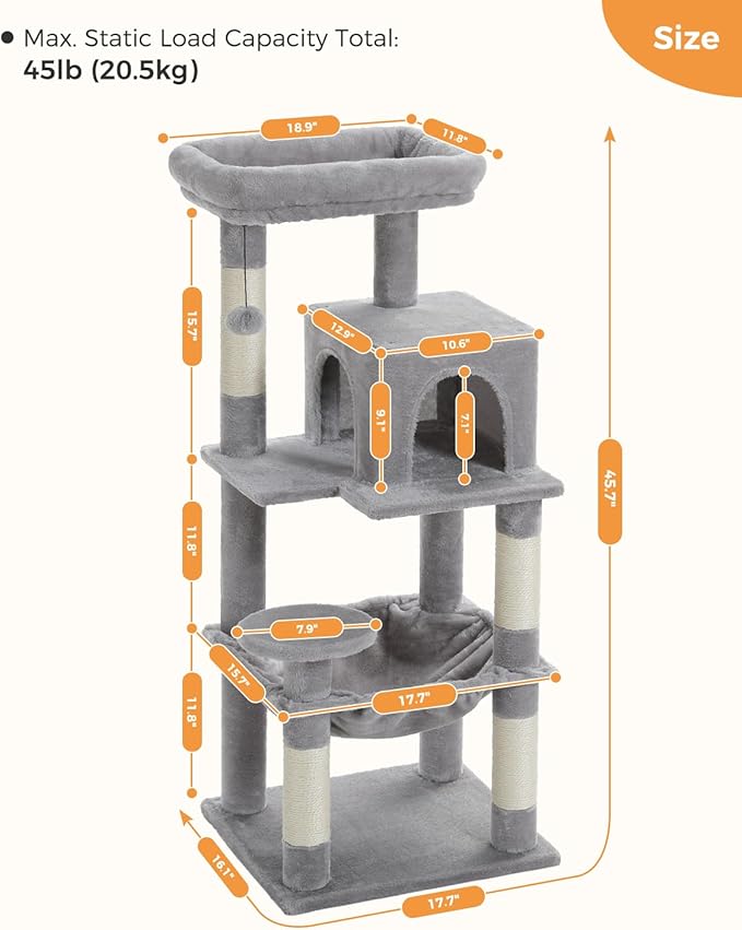 Cat Tree for Indoor Cats, 45.7" Multi-Level Cat Tower with Large Metal Frame Hammock, Cat Condo with 4 Scratching Posts and Top Perch for Small Medium Kitty, Grey-Mewly Pet