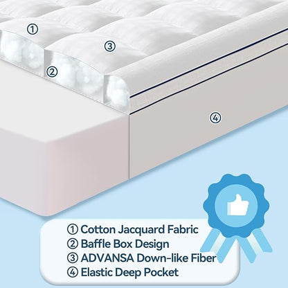ABENE Mattress Topper for Back Pain Relief, Extra Thick Mattress Pad Pillowtop, Soft Cotton Cover with 8"-21" Deep Pocket, 1300gsm Overfilled Down Alternative Filling (Cotton White, California King)