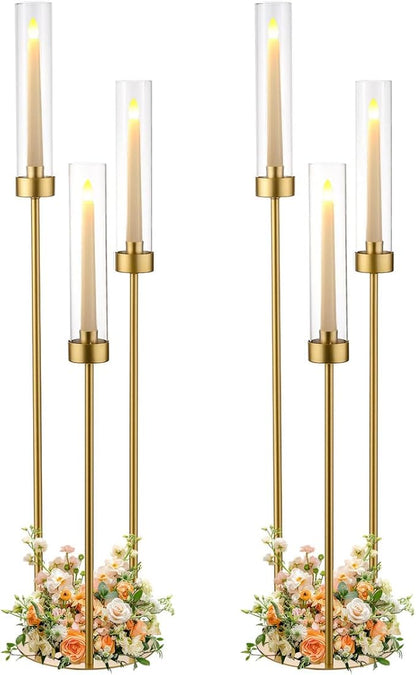 Vincidern 2pcs Gold Taper Candle Holder 3-arm Candelabra Decorative Candlestick Holder for Table Centerpieces, Wedding, Dining Room, Events, Party (34in Tall)