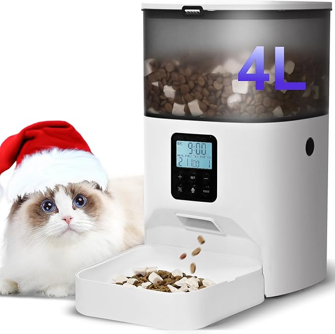 Automatic Cat Feeder, 4L Cat Food Dispenser with 10s Voice Recorder, Pet Feeder up to 8 Meals per Day, Timed Dog Feeder with Dry Food Sealed Ring (White, 4L-Basic)-Mewly Pet