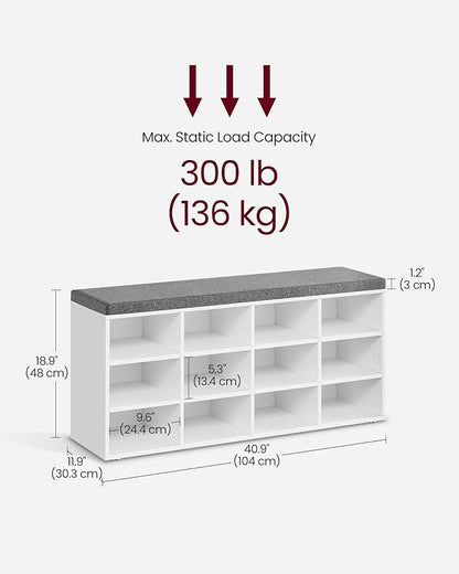 VASAGLE CUSTOS Collection - Shoe Bench, Storage Bench with Padded Seat, Entryway Bench with 12 Compartments, for Bedroom, 11.9 x 40.9 x 18.9 Inches, Cloud White and Slate Gray ULHS012W14