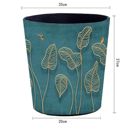 10L/2.64 Gallon Trash Can, Decorative Waste Basket, PU Leather Waste Paper Basket, Waterproof Garbage Can for Bathroom, Bedroom, Office, Kitchen and Living Room - Golden Leaves