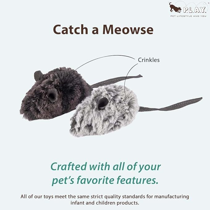 P.L.A.Y. Cute Plush Cat Toys - Feline Frenzy Animal Critter Themed Catnip Filled Toy, Great for Adult Cats and Kittens - Machine Washable, Recycled Materials, Crinkles (Catch a Meowse, Set of 2)-Mewly Pet