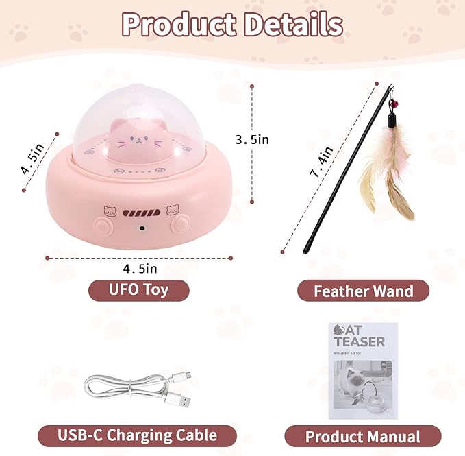 Automatic Cat Toys with Feathers, Interactive Cat Toy for Indoor Exercise, Rechargeable Teasing Toys for Indoor Cats, USB Powered, Smart Standby&Obstacle Avoidance(Pink)-Mewly Pet