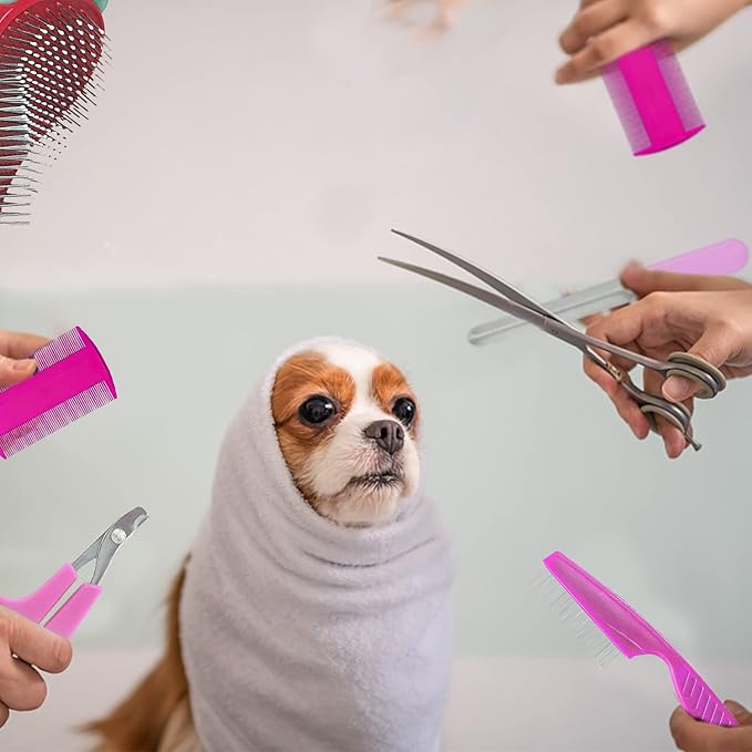 7-Piece Small Pet Grooming Kit: Brush, Nail Clippers, Hair Remover, Shampoo Brush with Hand Strap for Rabbits, Hamsters, Bunnies-Mewly Pet