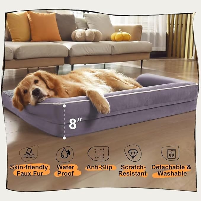 Large Dog Bed Orthopedic Washable, Orthopedic Dog Beds with Egg Foam Support, Removable, Machine Washable Plush Cover and Non-Slip Bottom for XXLarge Extra Large Dogs - Purple Dogs Bed-Mewly Pet