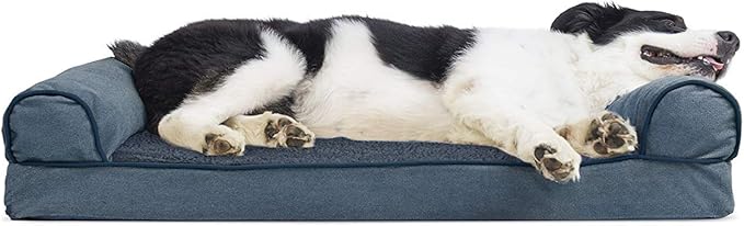 Furhaven Cooling Gel Dog Bed for Large/Medium Dogs w/ Removable Bolsters & Washable Cover, For Dogs Up to 55 lbs - Sherpa & Chenille Sofa - Orion Blue, Large-Mewly Pet
