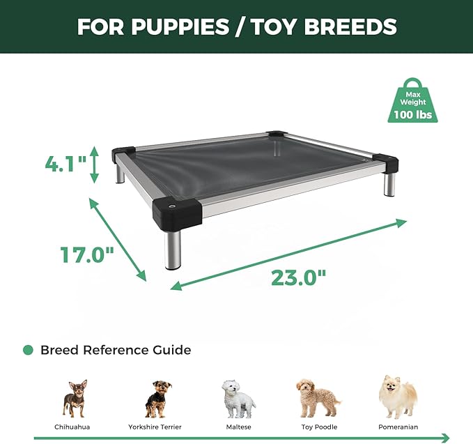 FXW TitanNest Chew-Proof Elevated Dog Bed, Raised Cot for Indoor/Outdoor/Camping Use, Durable & Waterproof Cooling Pet Bed for Toy Dogs, 23.0" L x 17.0" W x 4.5" H, Black-Mewly Pet