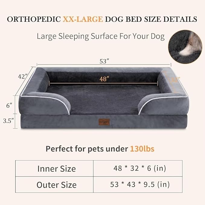 Comfort Expression Waterproof Orthopedic Foam Dog Beds, XXL Orthopedic Dog Beds for Extra Large Dogs, Washable Pet Sofa Bed with Removable Cover & Non-Slip Bottom(XX-Large,Dark Grey)-Mewly Pet