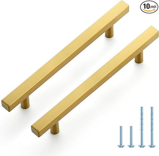 JOY DECOR 10 Pack 5 Inch Brushed Brass Square Cabinet Handles Stainless Steel Cabinet Hardware Pulls for Kitchen and Drawers with 7-3/8 Inch Overall Length