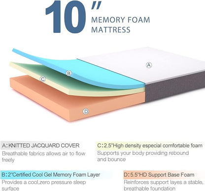 Molblly Queen Mattress 10 Inch Memory Foam Mattress in a Box,Breathable Bed Comfortable Mattress for Cooler Sleep Supportive & Pressure Relief, Queen Size, 60" X 80" X 10"