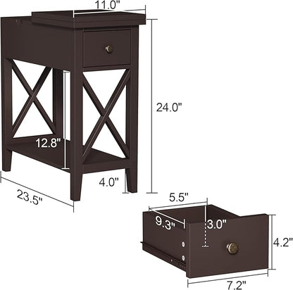 ChooChoo End Table, MDF Material Flip Top Narrow End Table with Drawer, Accent Small Side Table Nightstand for Living Room, Bedroom, and Small Spaces - Espresso