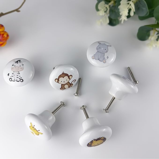 6 Pack 1.5" Ceramics Cute Animals Baby Nursery Room Dresser Drawers Knobs Kids Colorful Cabinet Handle Knobs (Monkey)