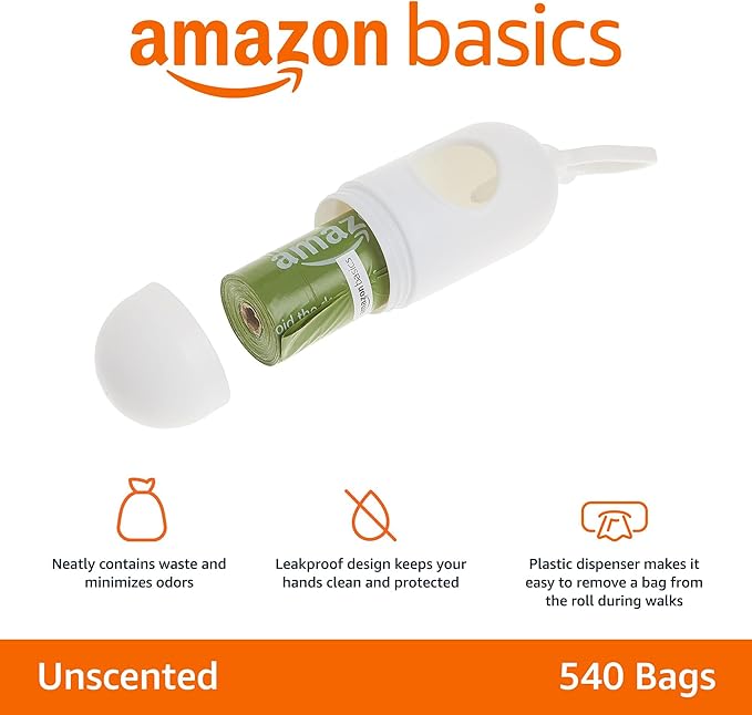 Amazon Basics Dog Poop Bags with Dispenser, 540 Count, Enhanced for Guaranteed Leakproof, Unscented, Includes Leash Clip-Mewly Pet