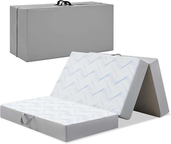 Foldable Mattress Cot 4 inch -Portable White Memory Foam Folding Matress with Washable Cover for Camping Travel Guest Room Home Use-Non-Slip&Easy Storage