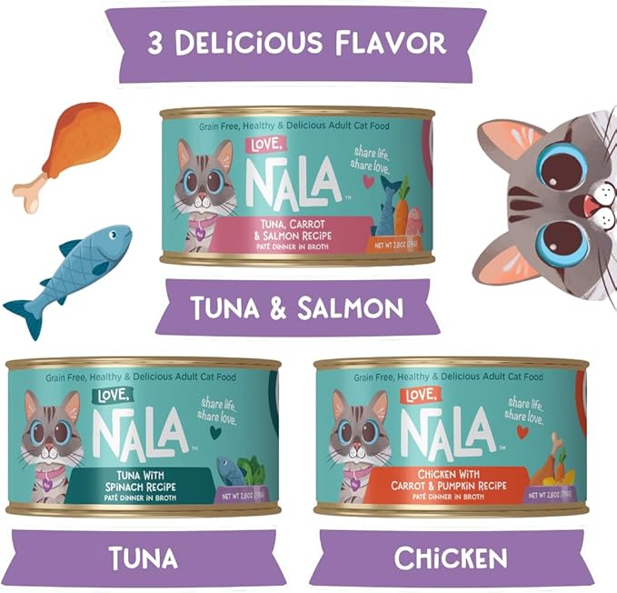 LOVE, NALA - Natural Adult Cat Wet Food - Pate Variety Pack - Tuna, Chicken, Tuna and Salmon - Grain Free, Non-GMO, Fiber Blend, Minerals, Vitamins - 12 Pack 2.1 lbs.-Mewly Pet