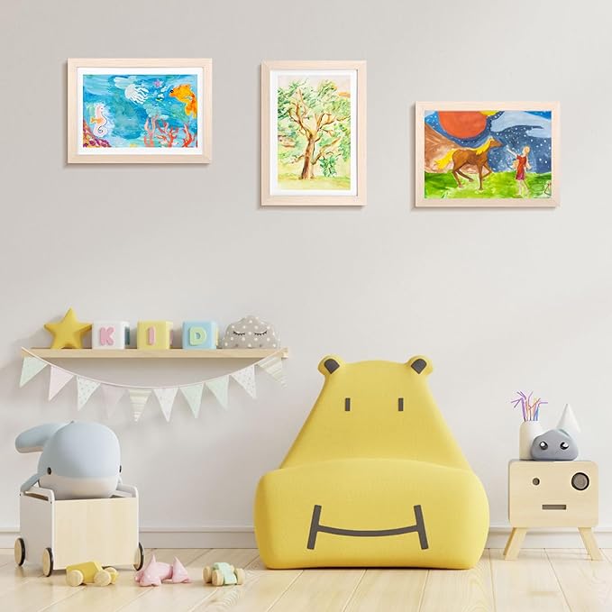 KINLINK A4 Kids Art Frames Set of 2, Solid Wood Kids Artwork Frames Changeable with Acrylic Front Opening Holds 150 Pictures 8.3x11.7, Art Frame for Kids Artwork with Mat or without Mat, Natural
