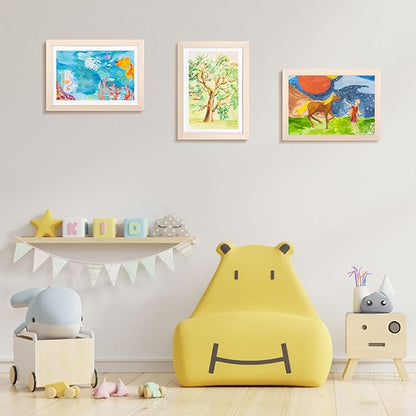 KINLINK A4 Kids Art Frames Set of 2, Solid Wood Kids Artwork Frames Changeable with Acrylic Front Opening Holds 150 Pictures 8.3x11.7, Art Frame for Kids Artwork with Mat or without Mat, Natural