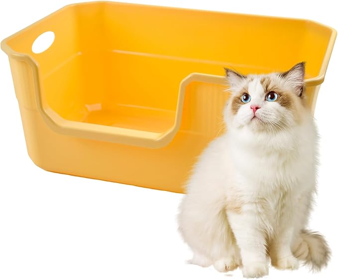 Large Low Entry Litter Box with High Sides,Plastic Cat Litter Pan Open Top Anti-Splashing Kitten Litter Box,Yellow Low Entrance Cat Toilet Easy to Clean-Mewly Pet