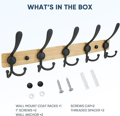 TICONN Wall Mounted Coat Rack, Five Heavy Duty Tri Hooks All Metal Construction for Jacket Coat Hat in Mudroom Entryway (Wood Black, 1-Pack)