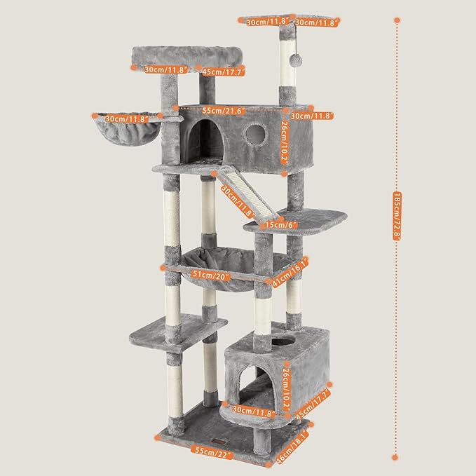 73 inches Large Cat Tree for Indoor Cats, Tall Cat Tower with Sisal Scratching Posts and Pads, Padded Plush Perch, Cozy Basket, Plush Condo for Large Cats (Grey)-Mewly Pet