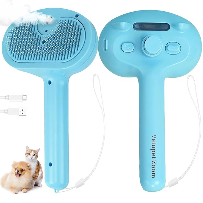 Cat Steam Brush for Shedding, Pet Steam Brush for Dog with Release Button,Anti-Static Pet Spray Hair Removal Comb,Cat Spray Comb for Long & Short Haired Pets,Blue-Mewly Pet