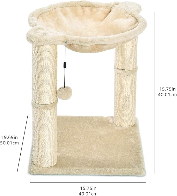 Amazon Basics Cat Condo Tower with Hammock Bed and Scratching Post,Easy to Assemble,Plush Hammock,Interactive Hanging Ball,Durable Sisal Scratch Posts for Indoor Cats, 15.8 x 15.8 x 19.7 Inches, Beige-Mewly Pet